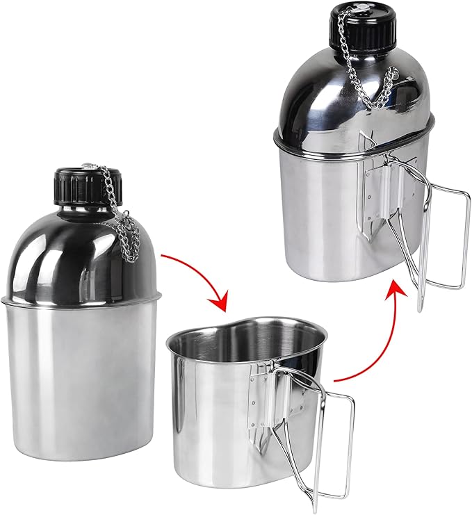 Goetland Stainless Steel WWII US Army Canteen Water Bottler Military Canteen Kit 1.3QT with 0.6QT Cup Nylon Pouch G.I.