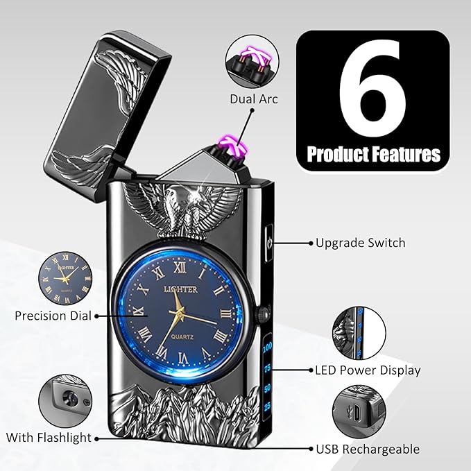 Cool Lighter with Clock Dial Electric Lighter with LED Power Display Plasma Lighter Windproof USB Rechargeable Lighter Gifts for Men Women (Eagle-Black)