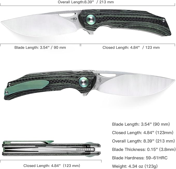 BESTECH KNIVES Pocket Folder Folding Knife: 3.54" 154CM Steel Satin Blade, Carbon Fiber and G10 Scales, Flipper, Liner Lock, EDC Titanium Clip, BL01C (Black Green)