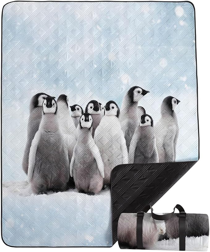 Outdoor Picnic Blanket Portable Ultrasonic Waterproof Picnic Mat 3D Penguins Printed Camping Beach Mat for Sand and Wet Grass Hiking (3D Penguins S)