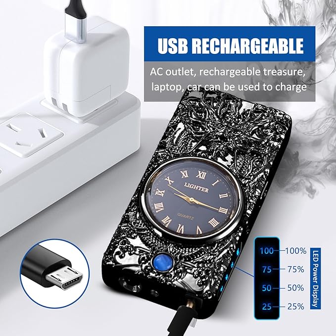 Cool Lighter with Clock Dial Electric Lighter with LED Power Display Plasma Lighter Windproof USB Rechargeable Lighter Gifts for Men Women(BlackDragon)