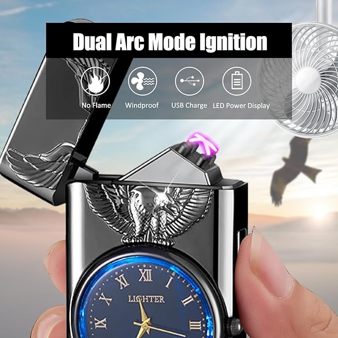 Cool Lighter with Clock Dial Electric Lighter with LED Power Display Plasma Lighter Windproof USB Rechargeable Lighter Gifts for Men Women (Eagle-Black)