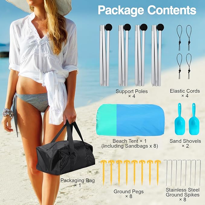 Rhino Valley Beach Tent Sun Shelter, Beach Canopy Tent Sun Shade UPF50+ Protection with 8 Sandbags 4 Stability Poles, Outdoor Beach Shade Canopy for Beach, Camping, Fishing