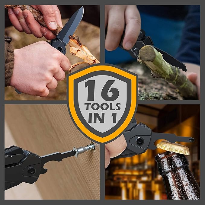 Multitool Knife Camping Survival Knife Unique Gifts for Men Dad Husband 16 in 1 Pocket Multitools Knife Pliers Screwdrivers Bottle Opener, Multi Tool Gadgets with Safety Lock Nylon Sheath