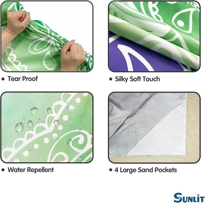 Sunlit Silky Soft 106"x81" Boho Sand Proof Beach Blanket Sand Proof Mat with Corner Pockets and Mesh Bag for Beach Party, Travel, Camping and Outdoor Music Festival, Blue Violet Sea Green Mandala