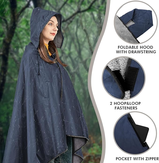 DUKUSEEK Outdoors Waterproof Stadium Blanket with Hood, 79”x 59” Sherpa Fleece Camping Windproof Blankets for Boat, Traveling, Camping, Football, Dogs, Outdoor Sporting Events-Machine Washable