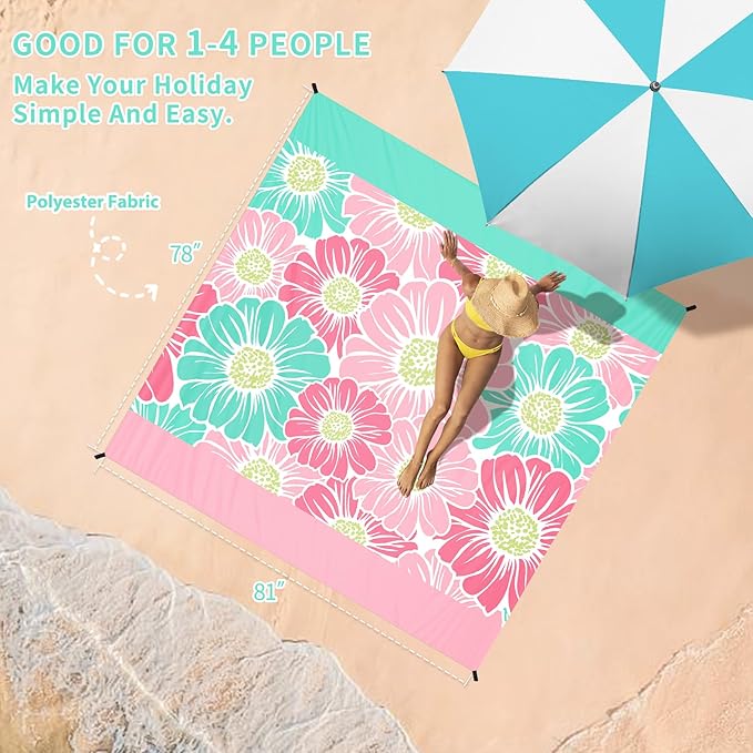 BYDOLL Beach Blanket Sandproof Waterproof Flower 78''×81''1-4 Adults Compact Lightweight Oversized Beach Blanket Large Picnic Mat Beach Blanket for Travel Camping Hiking Picnic