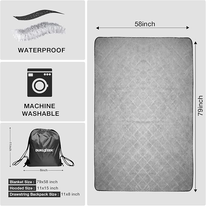 DUKUSEEK Sherpa Waterproof Camping Blanket with Hood - Warm Large Fleece Outdoor Stadium Blanket for Car, Boat, Picnic, Outdoor Sporting Events, Windproof Sports Blankets for Cold Weather