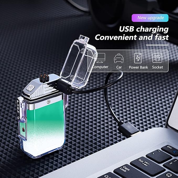 SKRFIRE Outdoor Windproof Lighter Electric Double Arc Lighter Plasma Lighter Rechargeable Lighter Fashionable and Cool Lighter Waterproof Transparent Lighter(Green and White Gradient)