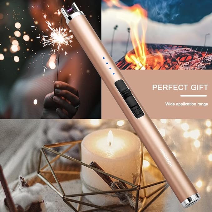 ARECTECH Rechargeable Electric Candle Lighter Arc Plasma Lighters for Candle Kitchen Camping Type-C Champagne Gold