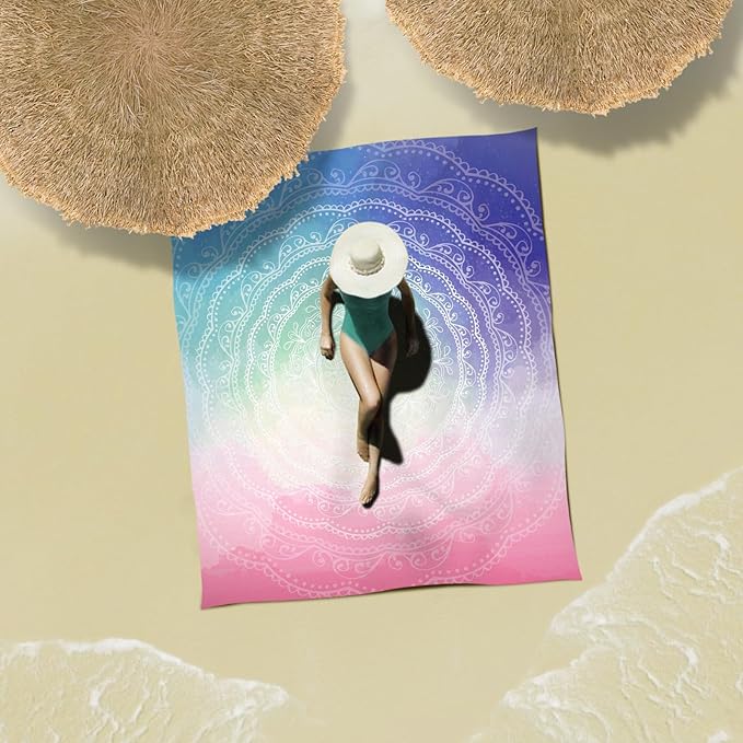 Sunlit 6'x7' Boho Sand Proof Beach Blanket, Sand Proof Mat with Corner Pockets and Mesh Bag for Beach Party, Travel, Camping and Outdoor Music Festival, Blue and Pink Circle Mandala