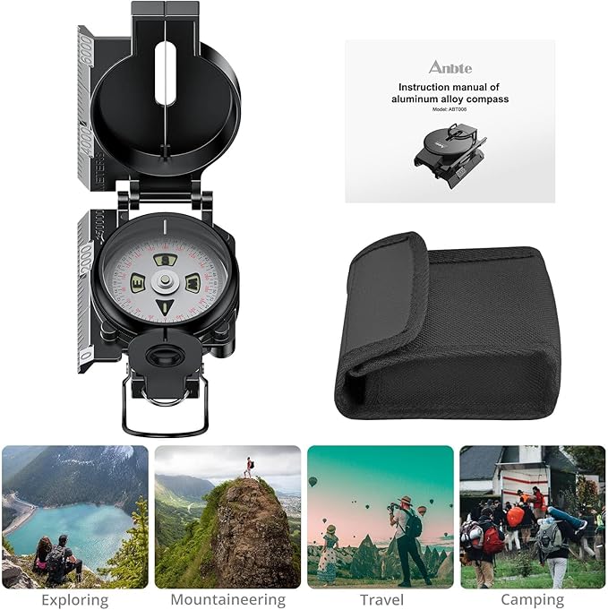 Hiking Compass with Clinometer, Strong Magnetic Intensity 3000 Gauss Military Lensatic Sighting Compass with Lanyard & Pouch, Survival Compass for Hiking Camping Hunting Outdoor (Black)