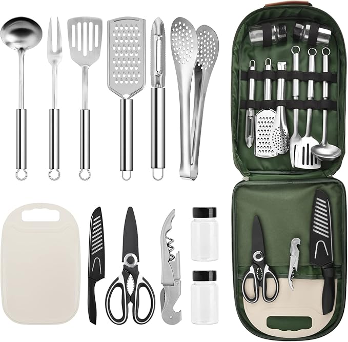 Extremus 13 Pcs Camp Kitchen Cooking Utensil Set Cookware Kit - Travel Organizer Grill Accessories Portable Compact Gear for Backpacking BBQ Camping Travel,Combat Green