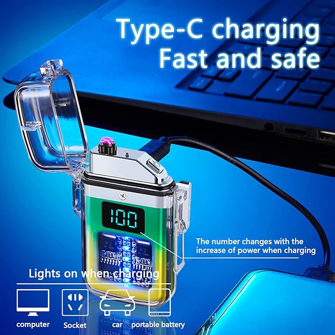Electric Rechargeable Lighter Transparent Waterproof Dual Arc Plasma Lighter Type-C Rechargeable Lighter Outdoor Windproof Lighter for Outdoor,Camping,Candle and Survival(Yellow and Green)