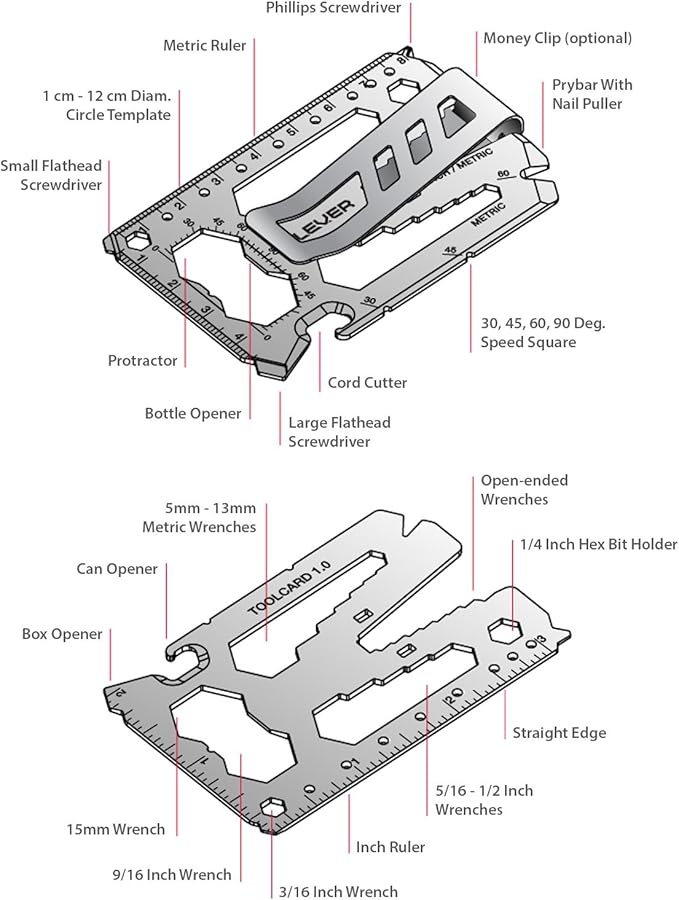 Lever Gear Toolcard Pro - 40 in 1 Credit Card Multitool. Slim, Minimalist Survival Card Wallet Tool Card. TSA Approved Multitool Card Pocket Tool. (Silver)