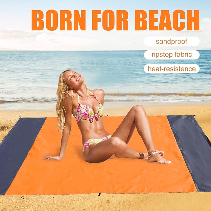 Yonge & Finch Large Beach Blanket Sandproof Heat-Resistent Beach Mat Machine Washable Camp Blanket Packable Pocket Blanket Waterproof Outdoor Blanket Fit 4-7 Persons 83 * 79inch Orange