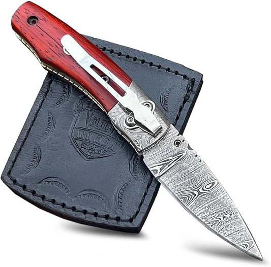 BMK-406 Taipan 4 Long 3 Blade 5 Ounce Damascus Pocket Clip Knives Handmade Damascus Pocket Folding Knife With Leather Cover Hand Made Word Class Knives