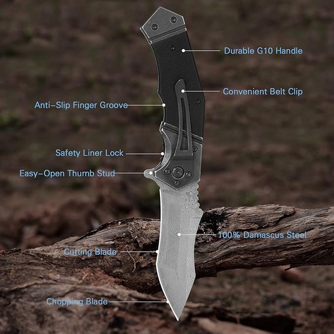 GVDV Damascus Steel Pocket Knife with G10 Handle, Handmade Folding Knife with Leather Sheath for Camping Survival, Knives for Men Dad Husband (Black)