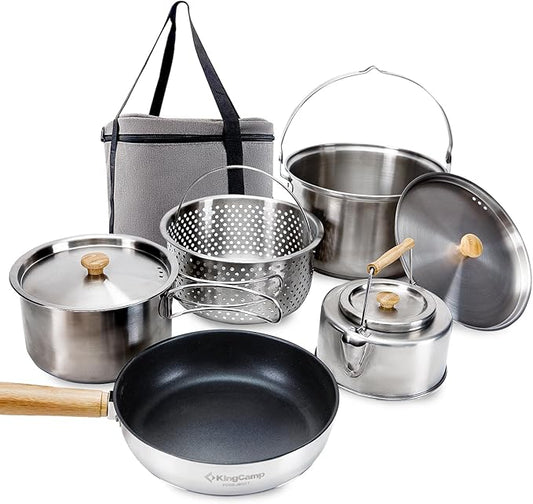 KingCamp Camping Cookware Set 304 Stainless Steel Campfire Cooking Pots Pan and Kettle with Travel Tote Bag for Camping Outdoor Kitchen Cooking Picnic for 4-6