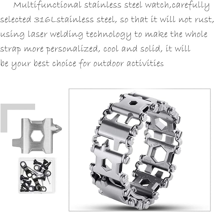 Stainless Tool Bracelet for Men Compatible for LEATHERMAN TREAD and Watch Band 29 in 1 Survival Hiking Camping Travel Friendly Multitools Wearable Bracelet
