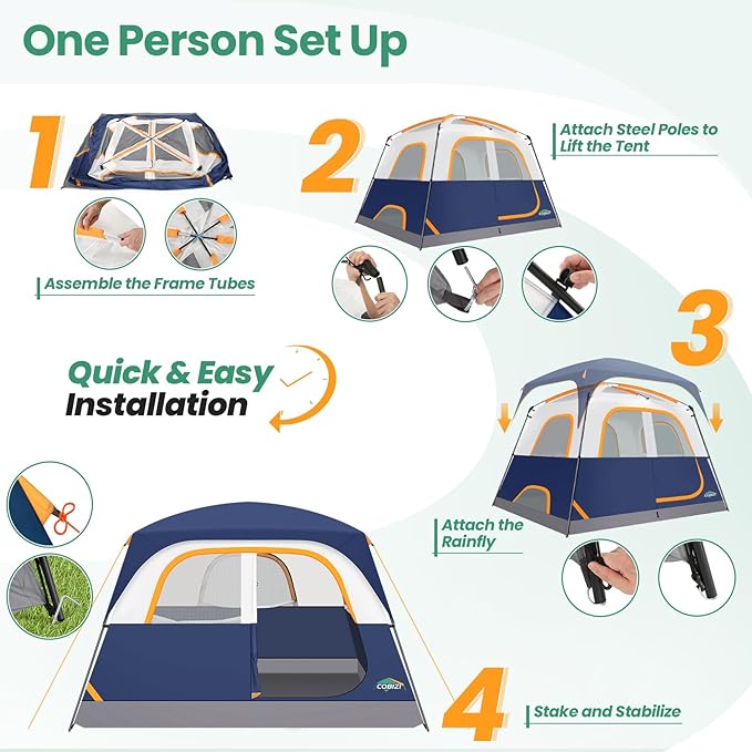 COBIZI Camping Tent, 4/6 Person Easy Setup Waterproof Windproof Backpacking Tent with Removable Rainfly, Lightweight Portable Outdoor Family Tents for Camping, Travel, Fishing, Hiking, Scouts