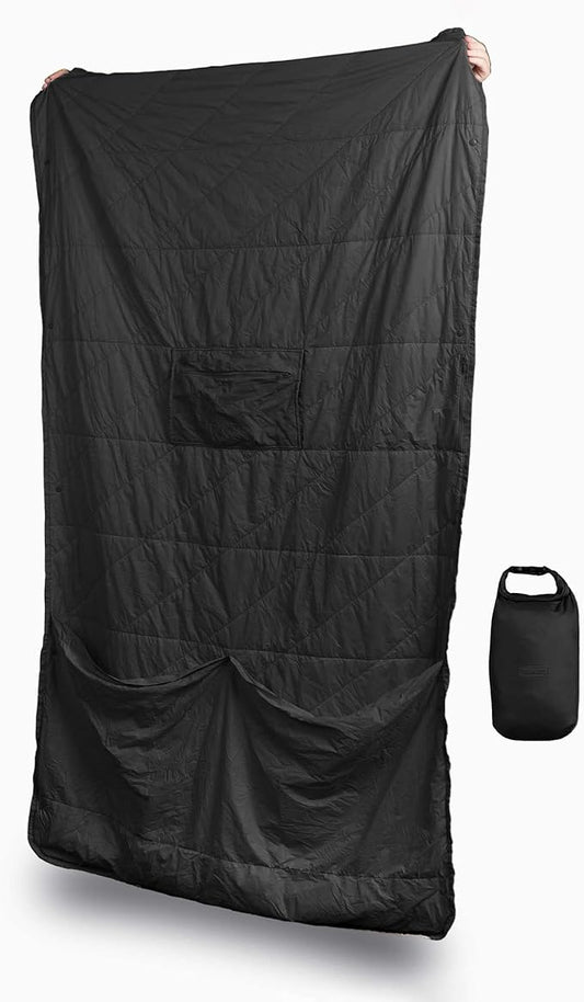 Gravel Layover Ultra-Compact Packable Down Blanket for Travel & Camping - Lightweight, Warm Travel Blanket Airplane, Car Blanket, Camping Blankets for Cold Weather - Includes Carrying Pouch (Black)