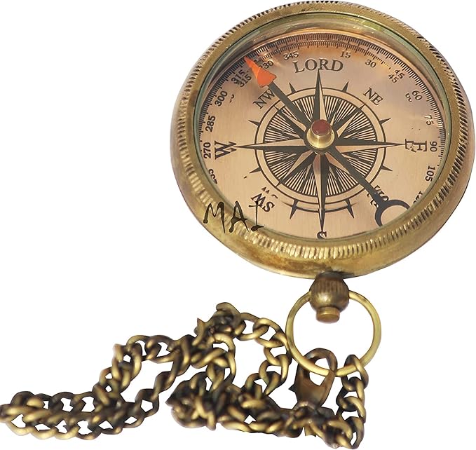 MAI 'To Live Would Be an Awfully Big Adventure' Engraved Brass Compass with Wooden Box, Antique Finish, Jeweled Needle for Him/Her, Wedding Anniversary, Lovers
