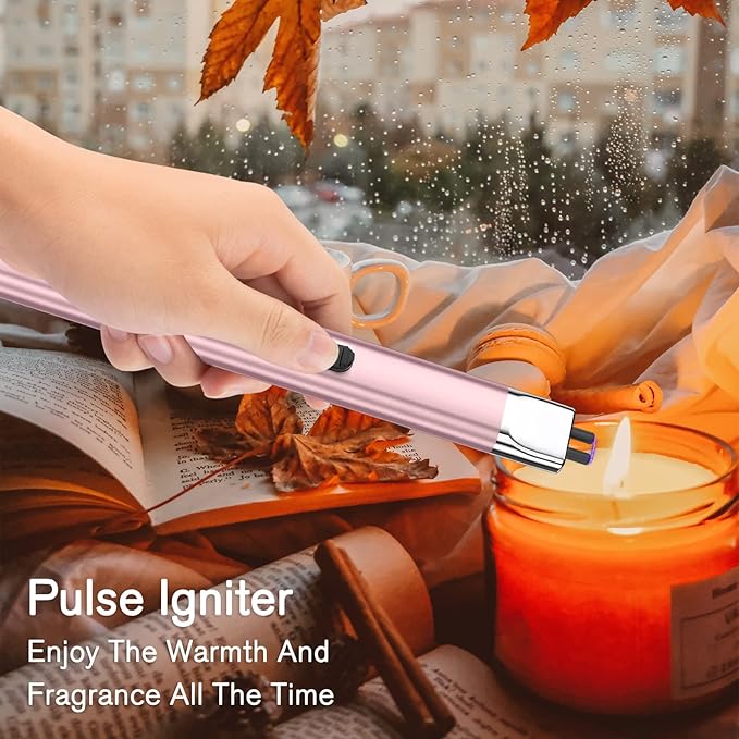 REIDEA Electric Lighter R1 Flat Candle Lighter, Windproof Flameless USB Rechargeable Arc Lighter with Safe Button and Power Indicator for Candle, BBQ and Fireworks, Rose Gold