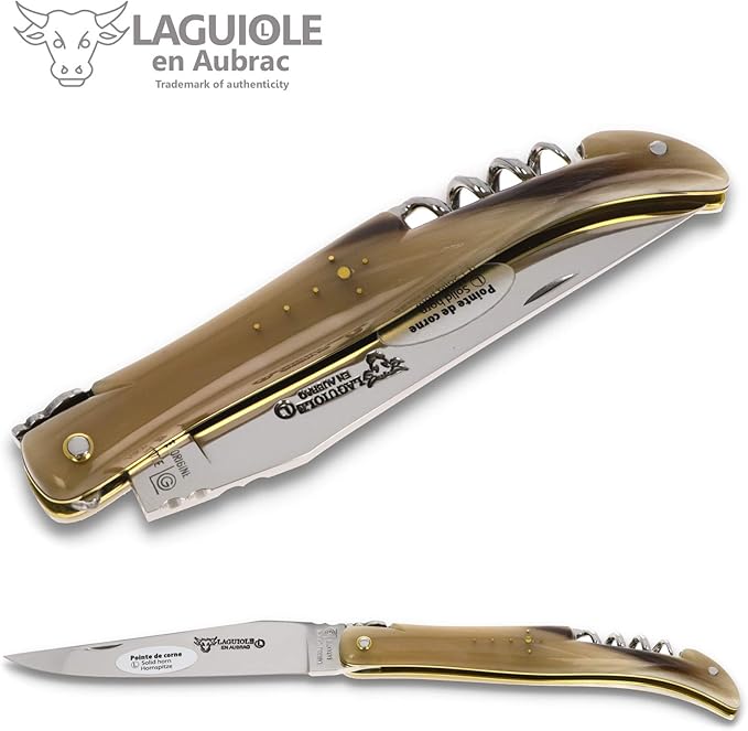 Laguiole en Aubrac Handmade Knife 12 cm Corkscrew L0612PCLF, Full Horn tip Handle, Blade Stainless Steel Shiny