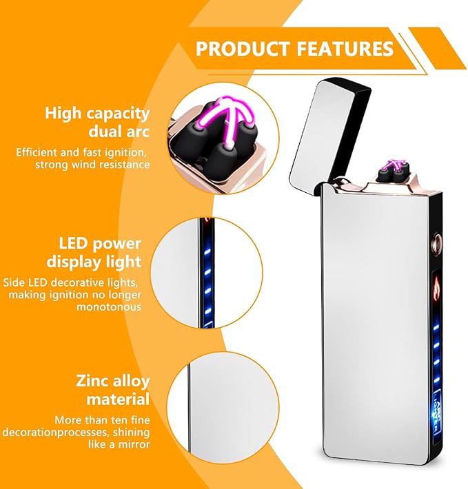 GADATOP Arc Lighter Rechargeable Windproof Flameless Electric Lighters for Outdoors Camping Hiking, Plasma Lighter with LED Battery Indicator and Gift Box (Silver)