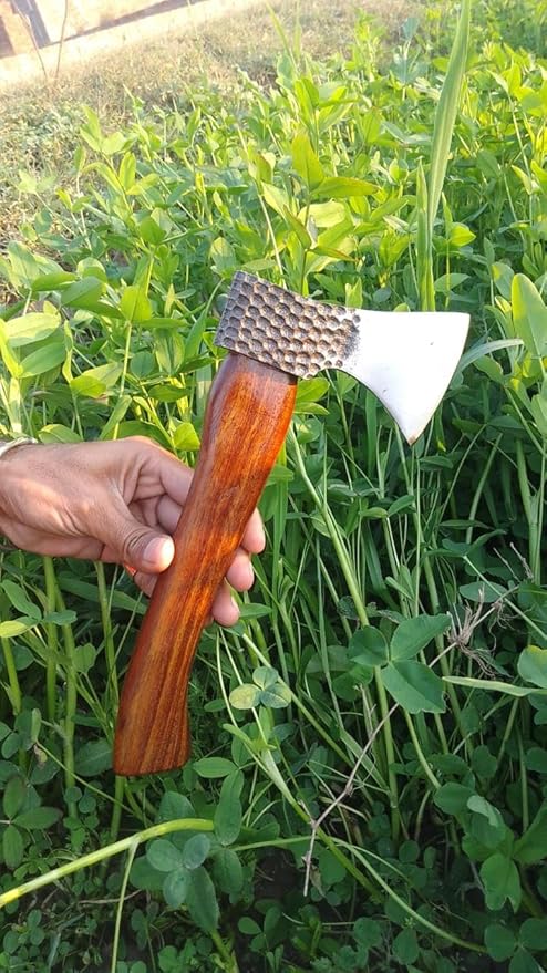 Handmade Viking Axe Real Carbon Steel Short Handle 12 Inch Bushcraft Tool Axe with Leather Sheath Camping Bearded Hatchets Hunting Axe Valentine's Day Gift, Birthday Gift for him (VK-Ax-7)