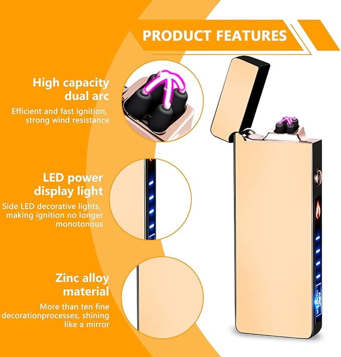 GADATOP Arc Lighter Rechargeable Windproof Flameless Electric Lighters for Outdoors Camping Hiking, Plasma Lighter with LED Battery Indicator and Gift Box (Gold)