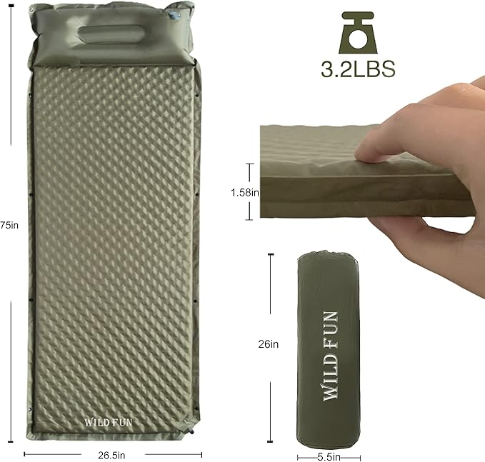 WILD FUN Sleeping Pad for Camping Self Inflating 1.5" Thick Foam Camping Sleeping Pad with Pillow Air Mattress Camping,Backpacking,Hiking