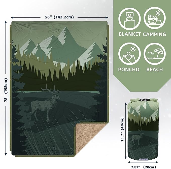 Outdoor Camping Blanket with Sherpa Lining, Extra Warm Thick Camp Blankets & Puffy Ultralight Soft Poncho DWR Camping Quilt for Cold Weather, Adventure,Sleeping,Backpacking 78"x 56"