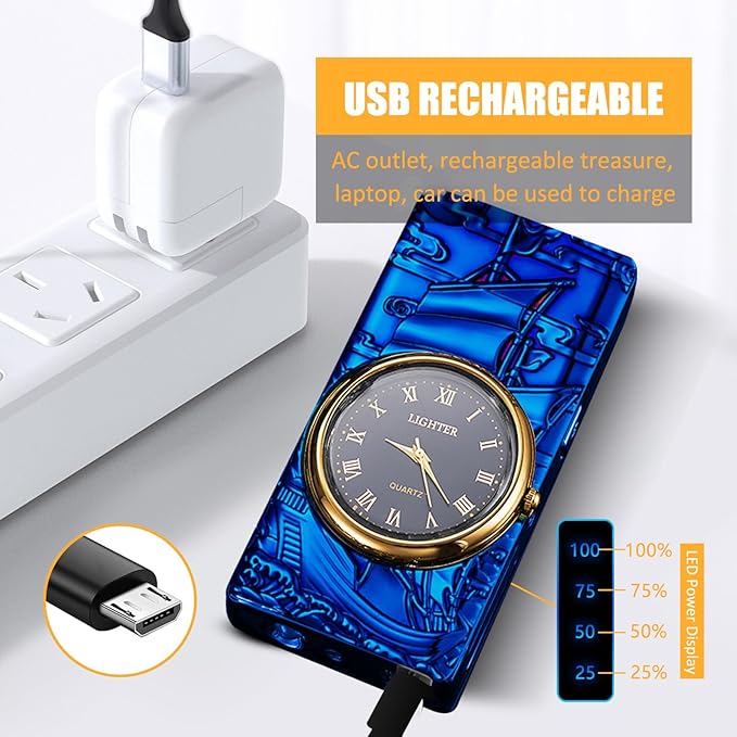 Cool Lighter with Clock Dial Electric Lighter with LED Power Display Plasma Lighter Windproof USB Rechargeable Lighter Gifts for Men Women (Sailboat-Blue)