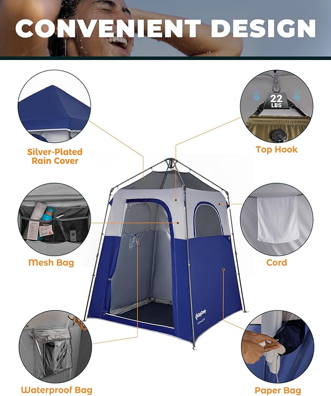 KingCamp Camping Shower Tent, Instant Portable Privacy Shelter, 1/2 Room Large Outdoor Toilet Tent with Floor, Water-Resistant, Windproof & Easy Setup for Beach, Camping & Hiking