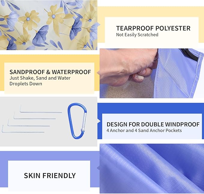 Beach Blanket Waterproof Sandproof, Picnic Blanket, Large Beach Mat 4-7 Adults, Lightweight Durable Beach Mat Sand Free Quick Drying for Beach Travel Camping Hiking Picnic 79"x79"