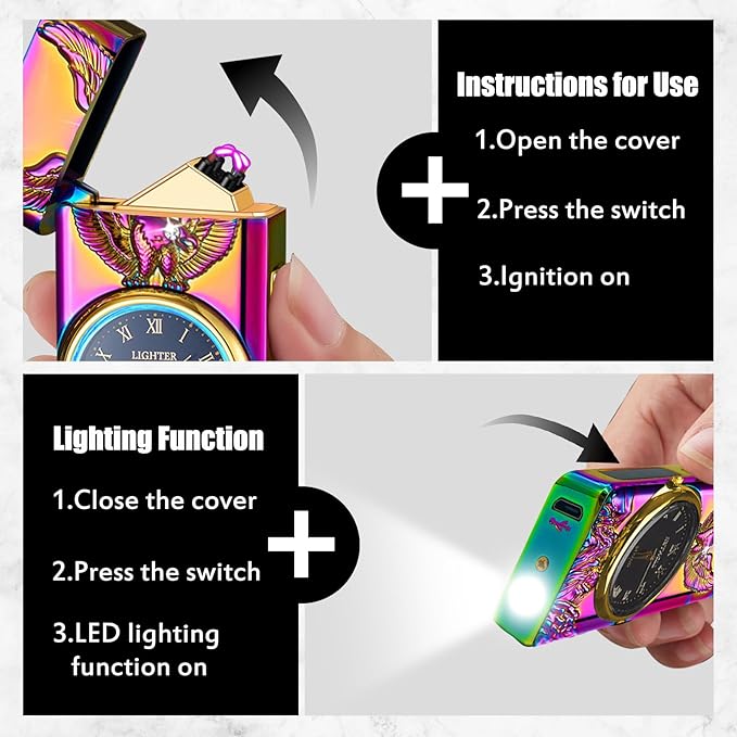 Cool Lighter with Clock Dial Electric Lighter with LED Power Display Plasma Lighter Windproof USB Rechargeable Lighter Gifts for Men Women (Eagle-Magic)