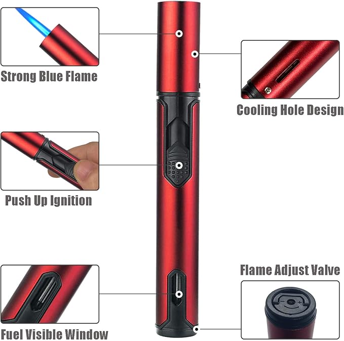 Anrapley Butane Lighter, 6.0in Long Torch Lighter with Fuel Level Window, Windproof Pen Lighter Adjustable Jet Flame for Grill Candle Kitchen Fireplace Camping BBQ, Mens Gifts, Red(Gas not Included)