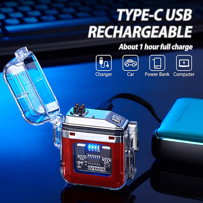 BABOBIU Electric Lighter Candle Lighter Windproof Waterproof Flameless USB Rechargeable Lighter with Portable Flashlight Gift for Father's Day, Christmas, Birthday (Red)