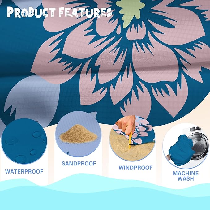 Beach Blanket Waterproof Sandproof 1-7 Adult Oversized 78 '' × 81 '' Lightweight Durable Compact Sand Free Beach Mat for Travel Camping Hiking Picnic Blanket Extra Large