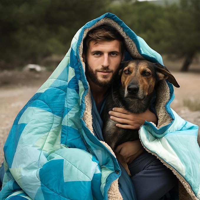Outdoor Camping Blanket with Sherpa Lining, Extra Warm Thick Camp Blankets & Puffy Ultralight Soft Poncho DWR Camping Quilt for Cold Weather, Adventure,Sleeping,Backpacking 78"x 56"