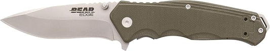 Bear Edge G10 Sideliner, 3 3/8” 440 High Carbon Stainless Steel Blade, Green G10 Handle, Trigger Open and Reversible Pocket Clip (61102)