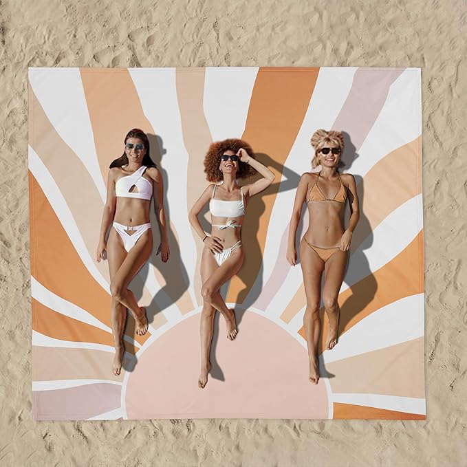 Beach Blanket Waterproof Sandproof, 10'X 9' Extra Large Oversized Picnic Blankets for 2-8 Adult, Quick Drying Lightweight Polyester Beach Mat for Outdoor, Travel, Camping, Hiking-Boho Sunburst