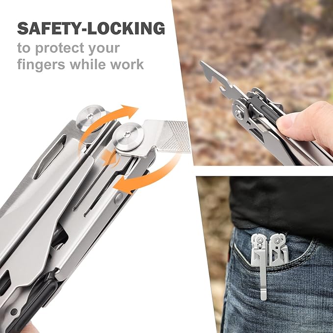 Multitool, 22-in-1 Multi-Tool Pliers with Safety Locking, Pocket Knife, Bottle Opener, EDC Equipment With Pocket Clip for Survival, Camping, Hunting and Hiking, Stainless Steel