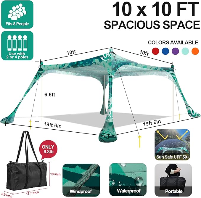Buheco Beach Tent Pop Up Shade 10x10ft Beach Canopy Sun Shelter UPF50+ with 4 Foldable Poles-Portable Carrying Bag-Sand Shovel-Ground Pegs-Windproof Ropes for Outdoor Family Camping-Fishing- Picnic