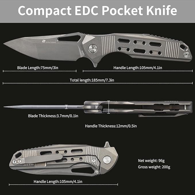 HX OUTDOORS Foldable Pocket Knife with Lock, High End S35VN Steel Folding Knife with Non Slip Titanium Alloy Handle(Silver)