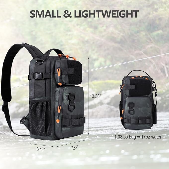NEW VIEW Fishing Sling Bag, Waterproof Sling Pack with Rod Holder, Versatile Storage Fly Fishing Bags for Men, Small Shoulder Pack for Streams & Rivers
