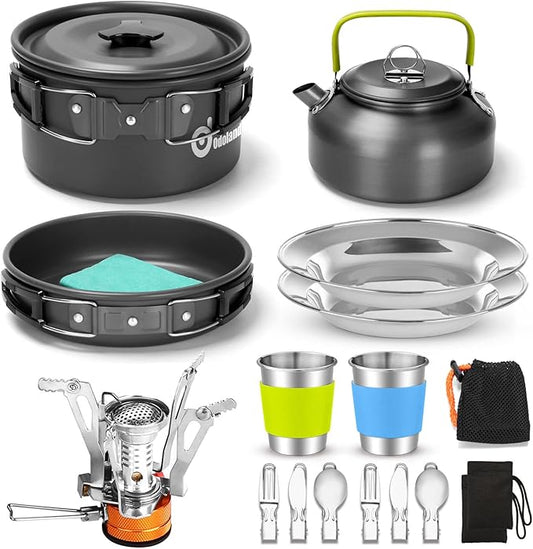 Odoland 16pcs Camping Cookware Set with Folding Camping Stove, Non-Stick Lightweight Pot Pan Kettle Set with Stainless Steel Cups Plates Forks Knives Spoons for Camping Backpacking Outdoor Picnic