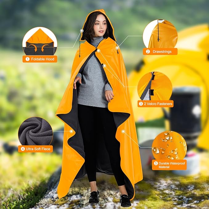 DOBYE Hooded Stadium Blanket, Large Waterproof Outdoor Fleece Blanket, Windproof Wearable Portable Warm Mat for Camping
